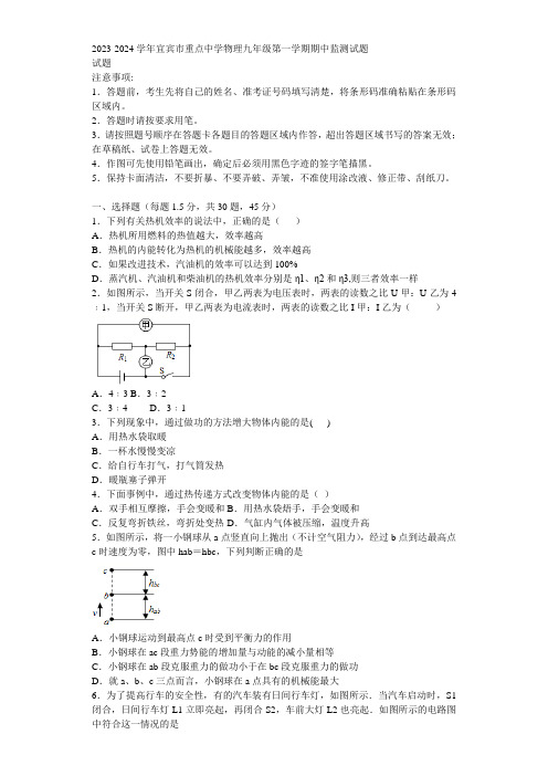 2023-2024学年宜宾市重点中学物理九年级第一学期期中监测试题含解析