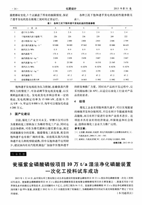 瓮福紫金磷酸磷铵项目10万t／a湿法净化磷酸装置一次化工投料试车成功