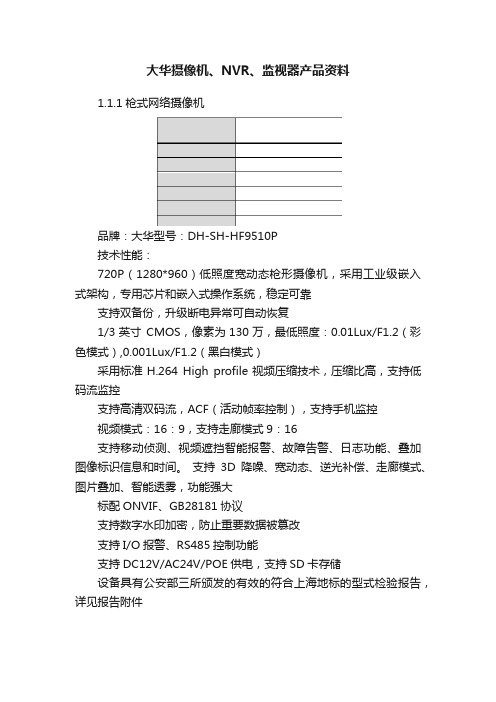 大华摄像机、NVR、监视器产品资料