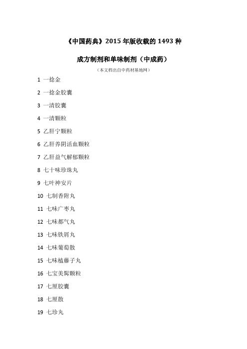 《中国药典》2015年版收载的1493种中成药