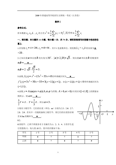 2009年江苏省高考数学试卷及答案