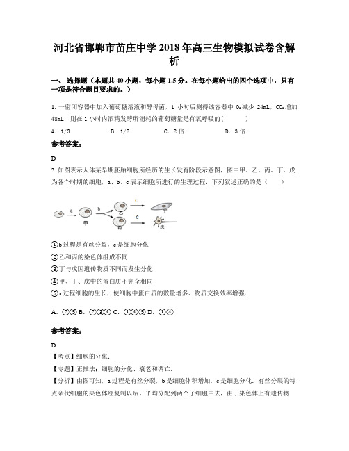 河北省邯郸市苗庄中学2018年高三生物模拟试卷含解析