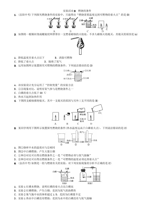 人教版九年级化学上册同步练习题：第七单元   实验活动3 燃烧的条件