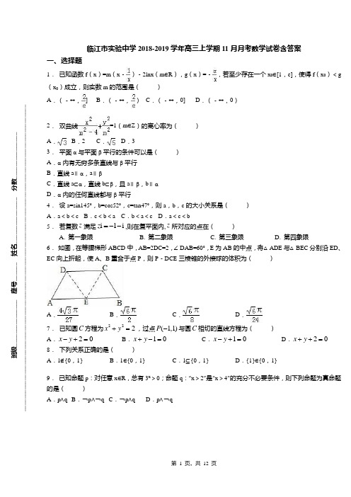 临江市实验中学2018-2019学年高三上学期11月月考数学试卷含答案