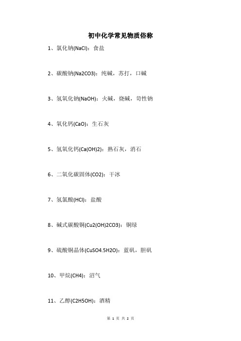 初中化学常见物质俗称