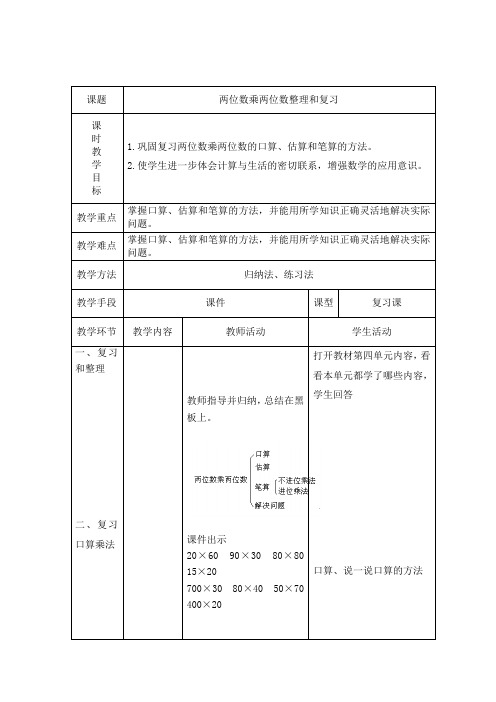 人教版三年级数学下册两位数乘两位数整理和复习