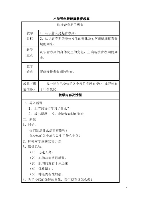 小学五年级健康教育教案上册