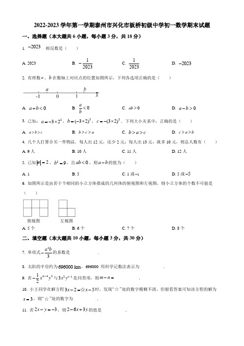 2022-2023学年第一学期泰州市兴化市板桥初级中学初一数学期末试题及解析