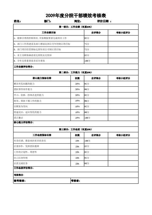 2009年各类干部绩效考核表