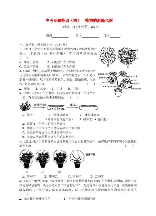 2012中考科学专题特训4 植物的新陈代谢 浙教版