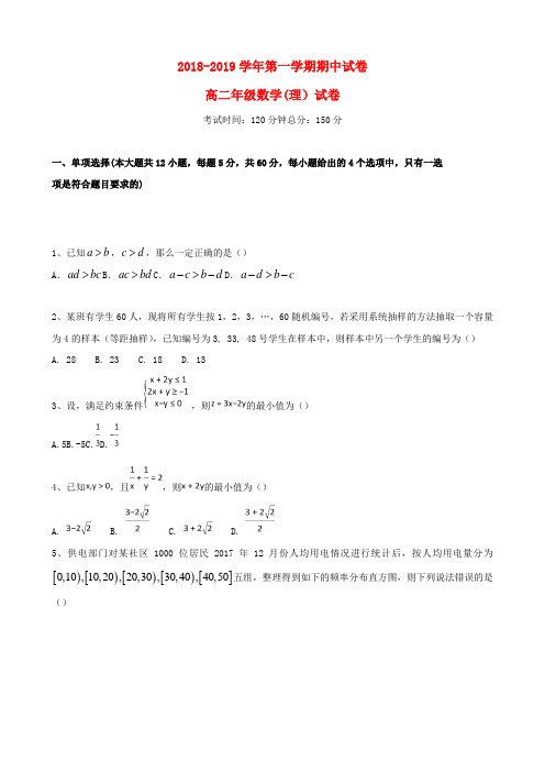 精品2018_2019学年高二数学上学期期中试题理(4)Word版