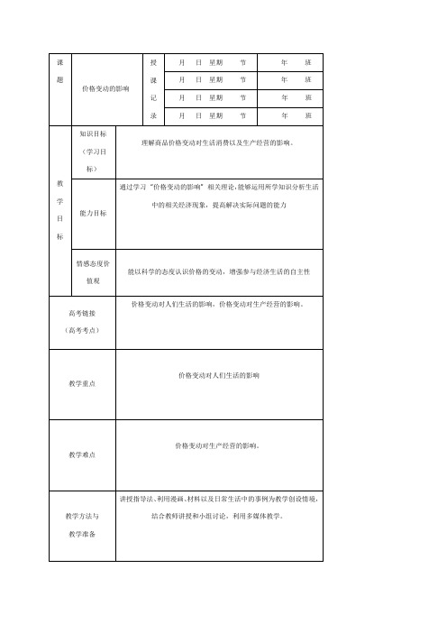 2018-2019学年高中政治必修一(人教版) 2.2价格变动的影响 教案