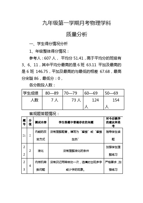 九年级上物理第一次月考质量分析