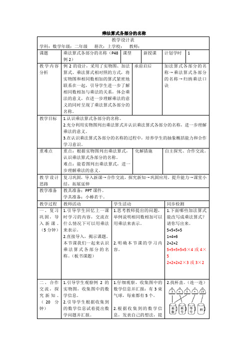 人教版数学二年级上册4.2《乘法算式各部分的名称》教案(表格版)