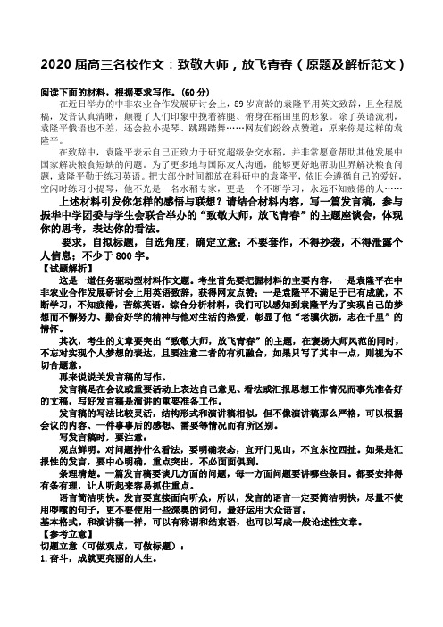 2020届高三名校作文：致敬大师,放飞青春(原题及解析范文)