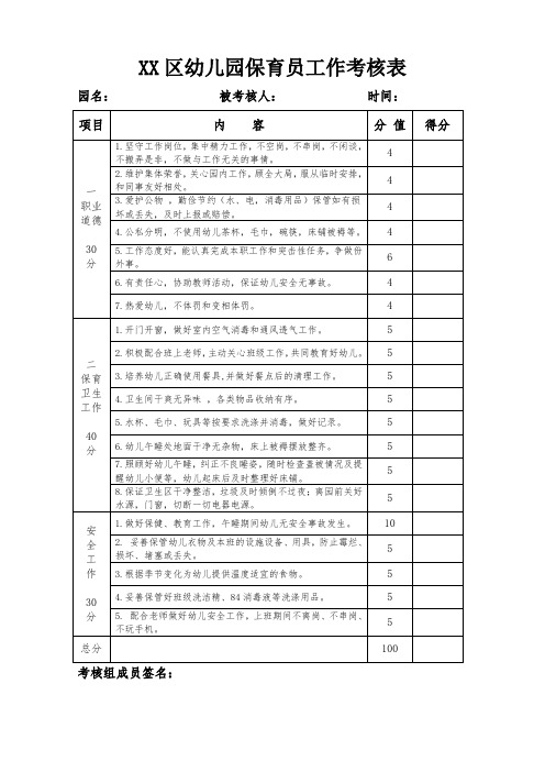 幼儿园保育员工作考核表