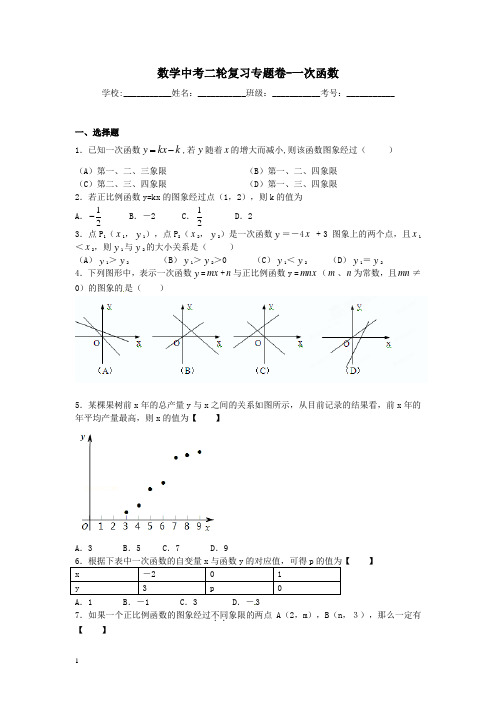 数学中考二轮复习专题卷---一次函数附答案解析