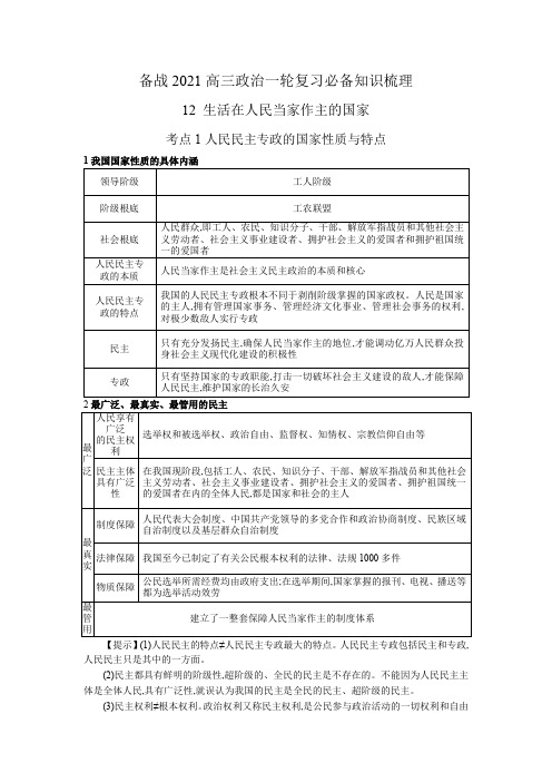 2020年高三政治一轮复习(备战2021) 必备知识梳理 12 生活在人民当家作主的国家