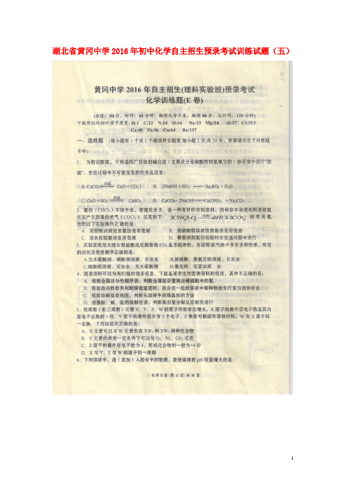 湖北省黄冈中学初中化学自主招生预录考试训练试题(五)(理科实验班,扫描版)