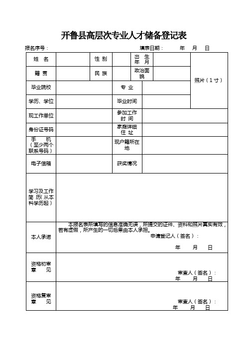 开鲁高层次专业人才储备登记表