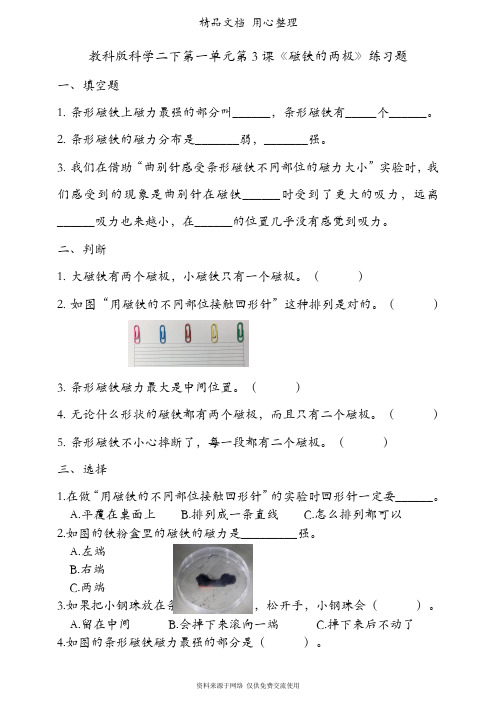 (新教材)教科版二年级下册科学 1.3《磁铁的两极》同步练习(一课一练)