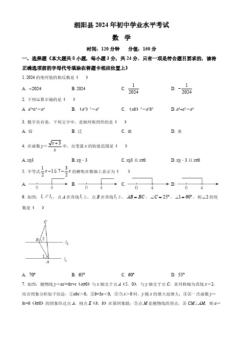 2024年江苏省宿迁市泗阳县 初中学业水平考试数学模拟试题(原卷版)