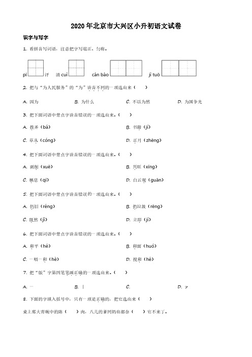 2020年北京市大兴区部编版小学六年级下小升初语文试卷(原卷版和解析版)