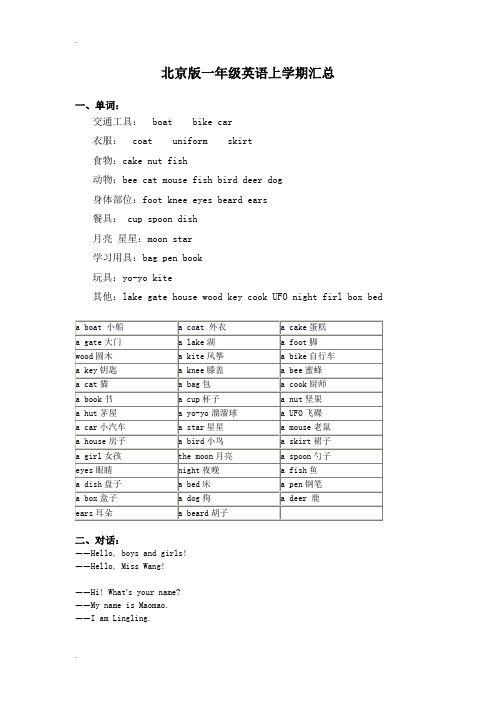 北京版一年级英语上下学期知识点汇总