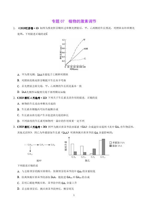 专题07 植物的激素调节-2019年高考真题和模拟题分项汇编生物(原卷版)