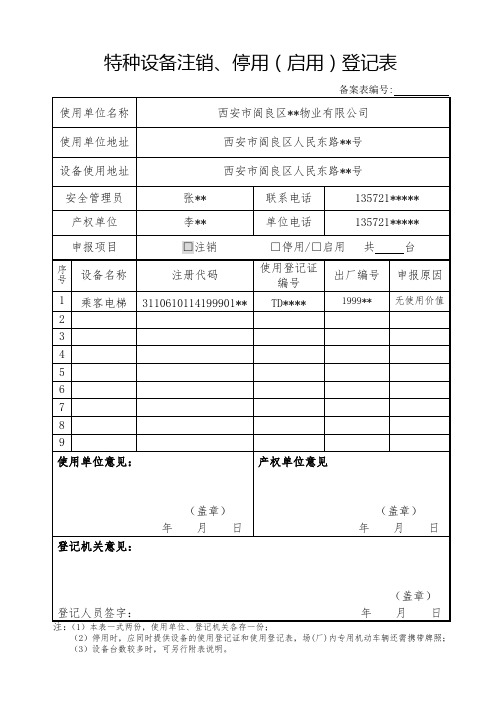 特种设备注销、停用(启用)登记表