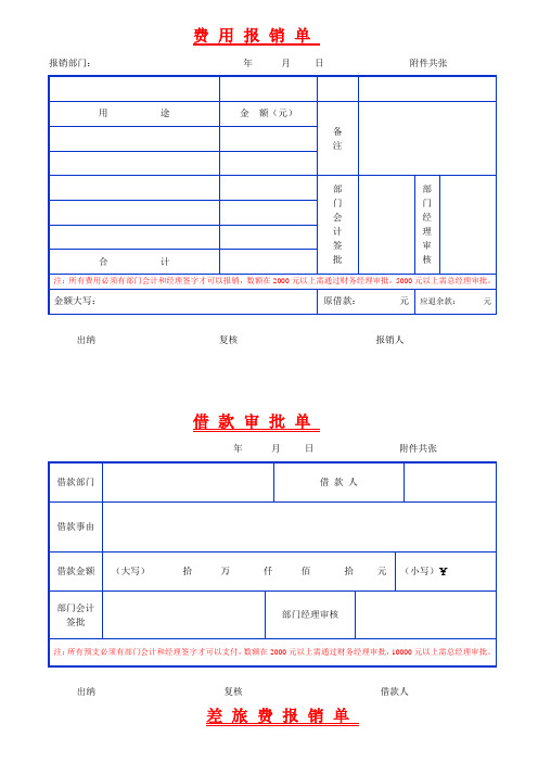 各费用报销单表格