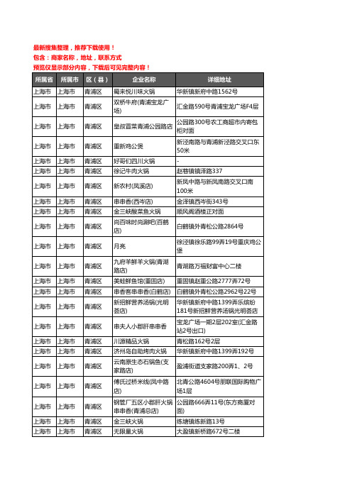 新版上海市上海市青浦区火锅店企业公司商家户名录单联系方式地址大全215家