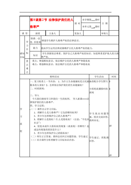 初中道德与法治_法律保护我们的人格尊严教学设计学情分析教材分析课后反思