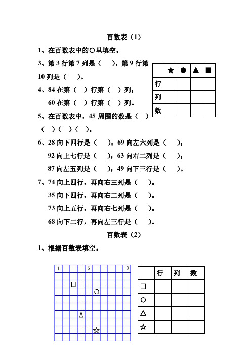 一年级数学百数表练习