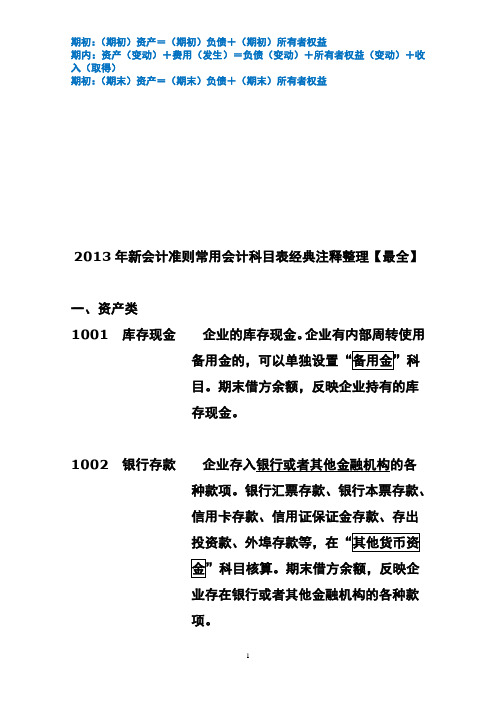 2013年新会计准则常用会计科目表