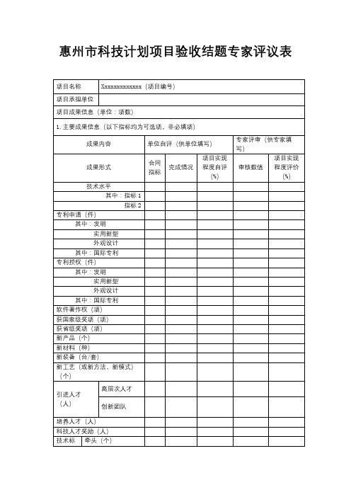 惠州市科技计划项目验收结题专家评议表【模板】