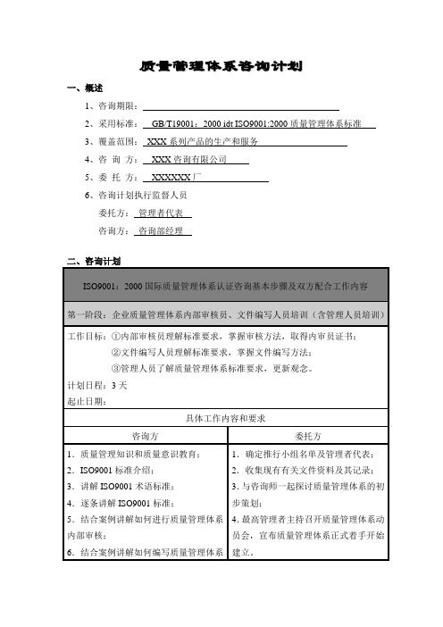 质量管理体系咨询计划