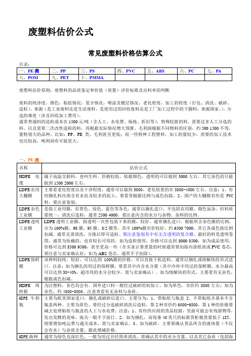 常见废塑料估价公式