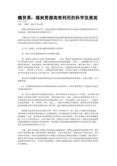 魏贤勇：煤炭资源高效利用的科学发展观