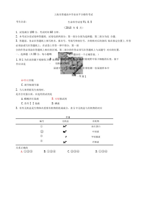 2018年上海市普通高中学业水平合格性考试生命科学试卷