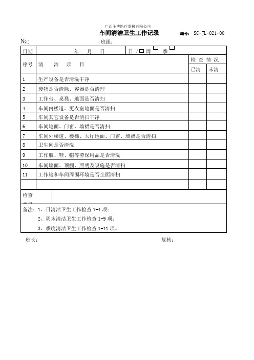 车间清洁卫生工作记录