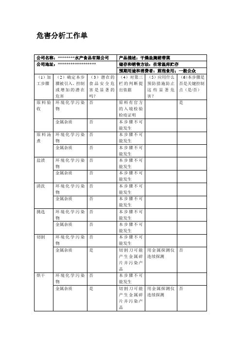 危害分析工作单