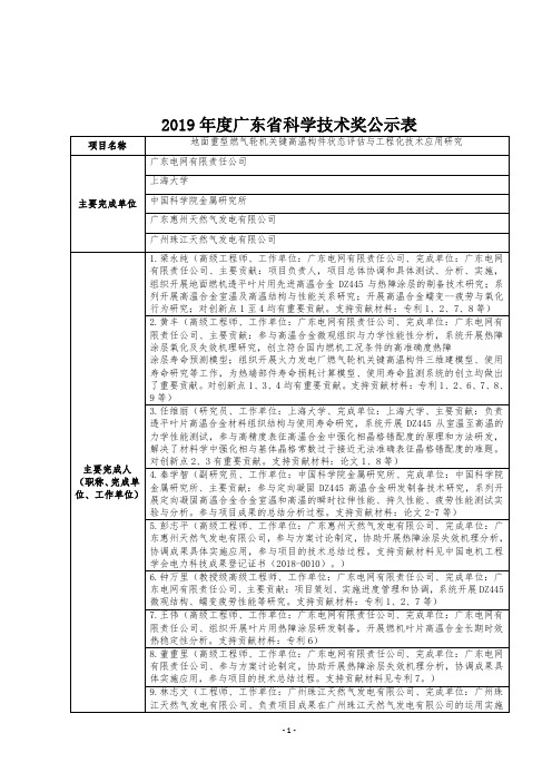 2019年度广东省科学技术奖公示表