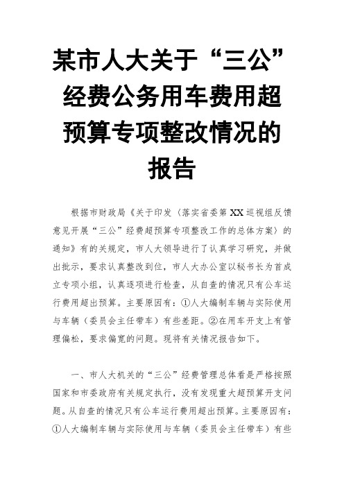 某市人大关于“三公”经费公务用车费用超预算专项整改情况的报告