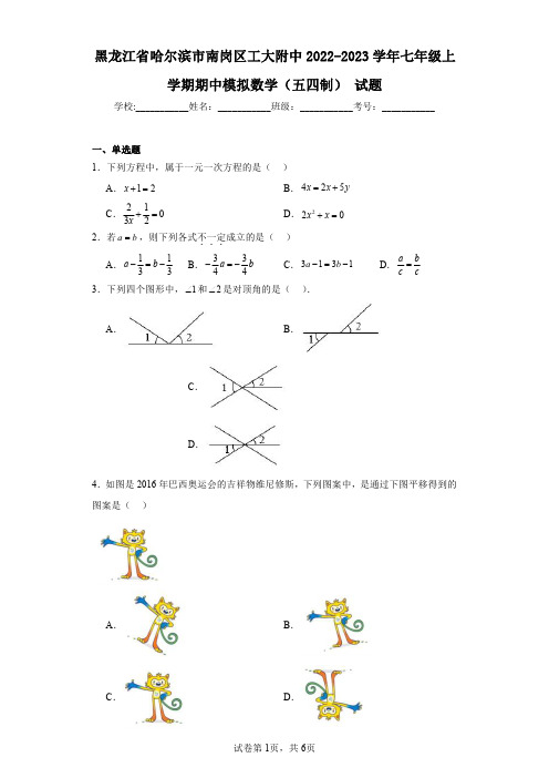 黑龙江省哈尔滨市南岗区工大附中2022-2023学年七年级上学期期中模拟数学(五四制)试题