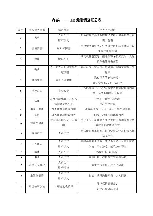 HSE危害调查汇总表