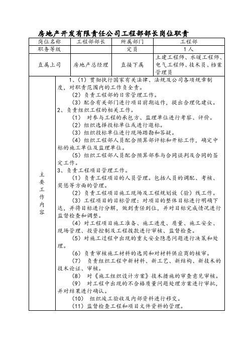 房地产开发有限责任公司工程部部长岗位职责