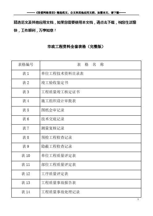 市政工程资料全套表格(完整版)