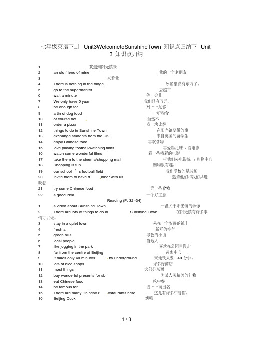 七年级英语下册Unit3WelcometoSunshineTown知识点归纳