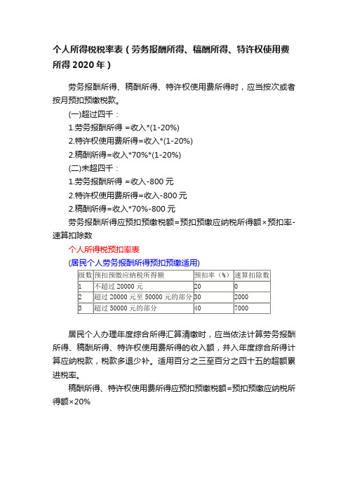 个人所得税税率表（劳务报酬所得、稿酬所得、特许权使用费所得2020年）